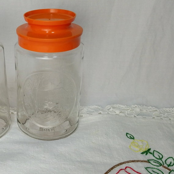 ONE Vintage 1970s Tang Jar with Orange Lid Canister Glass