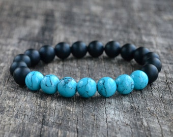 Blue Howlite Turquoise Onyx Bracelet, Mens Bracelet, Womens Black Bead Bracelet, Gemstone Bracelet, Yoga Bracelet, Gifts