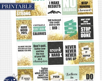 FITNESS planner stickers PRINTABLE. Glitter gold motivational QUOTE for Happy Planner. Sport journal, gym planner stickers. Hard work pays