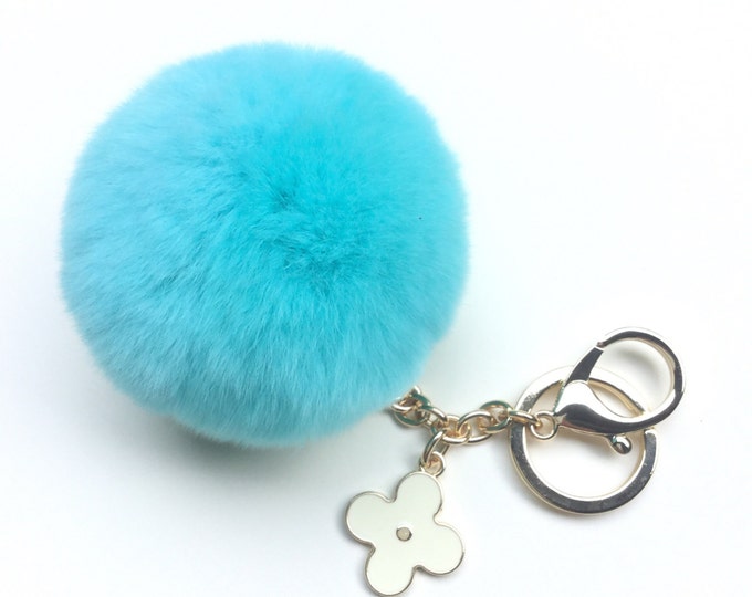 Aqua fur pom pom keychain REX Rabbit fur pom pom ball with flower bag charm