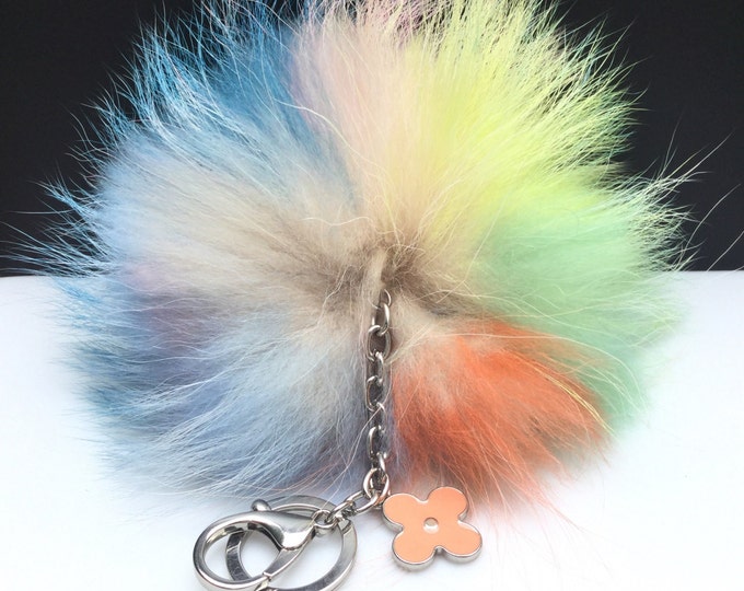 NEW Tropical Swirl™ Multi Color Raccoon Fur Pom Pom bag charm clover flower charm keychain piece no.318