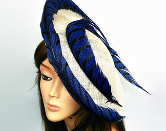 Cream and royal blue hat,Kentucky derby hat,Electric blue ascot hat,Cream saucer hat,Royal blue fascinator,Feathers dress hat,Horse race hat
