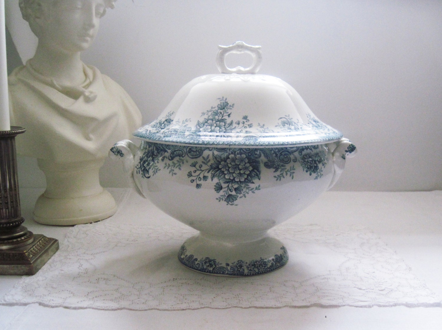 Antique French Ironstone Soup Tureen Embossed and Hand Painted