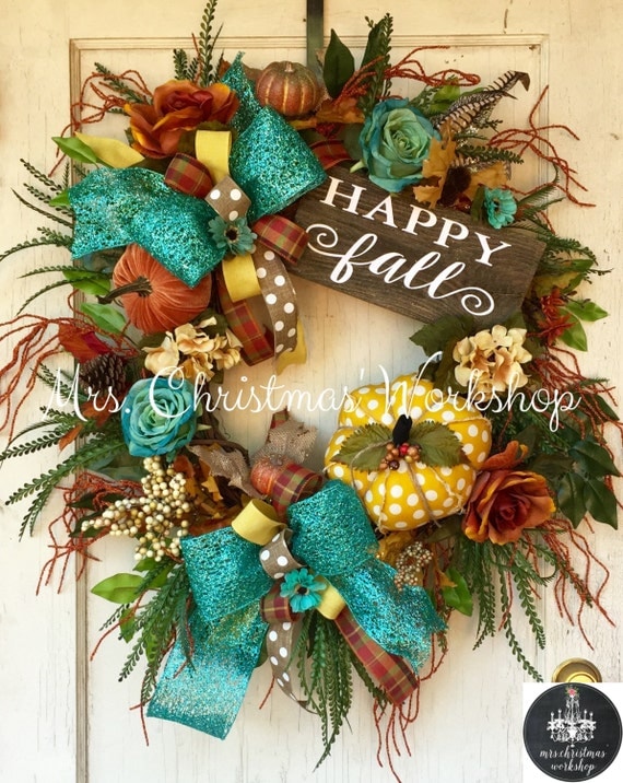 fall wreath turquoise fall wreath grapevine wreath pumpkin