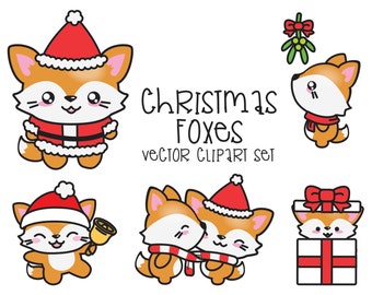 Premium Vector Clipart - Kawaii Christmas Foxes - Cute Christmas Foxes Clipart Set - High Quality Vectors - Kawaii Christmas Fox Clipart
