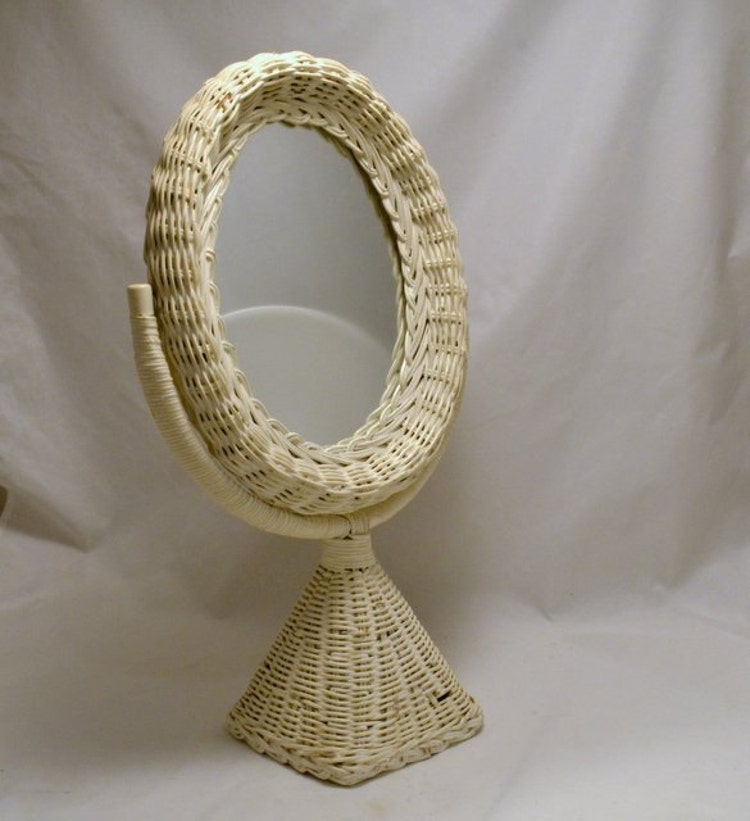 White Wicker Framed Mirror Free Standing Oval by ChicMouseVintage