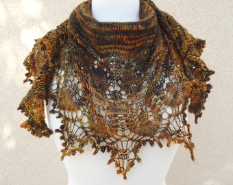Beaded Lace Bandana, Knit Lace Neckerchief, Lacy Neck Scarf, Crescent Shawlette, Brown Lace Capelet, Brown Lacy Shawl, Beaded Shoulderette