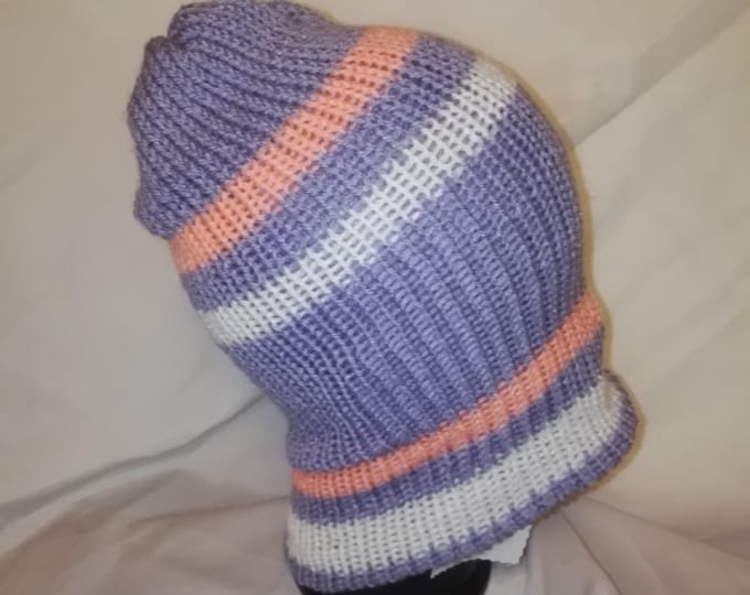 Salmon Pink / lilac purple RETRO Handmade bobble slouch beanie hat double knit extra thick #retro #handmade #knitwear