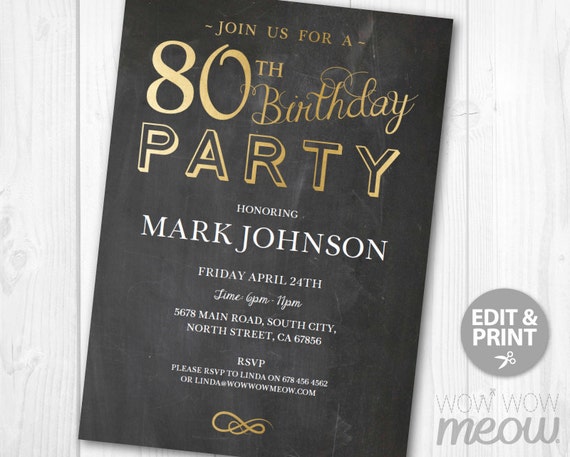 80th Birthday Invitations Elegant Gold Party Invite by wowwowmeow