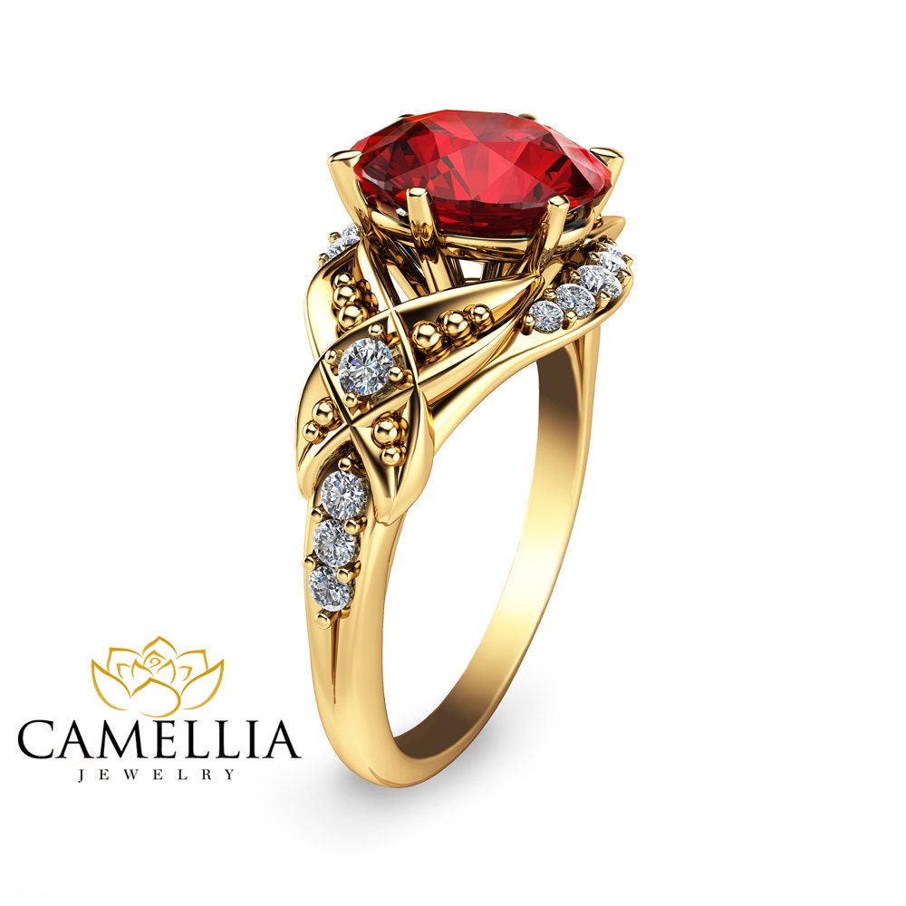Unique Ruby Engagement Ring 14K Yellow Gold Ruby Ring