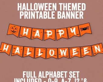 Halloween Printable Banner, Full Alphabet, Any phrase, DIY banner orange halloween, bunting diy alphabet, happy halloween party decor diy
