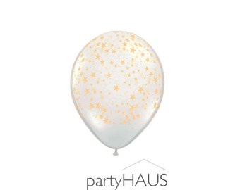 Gold Star Balloons, 11" Pkg 12, Clear Latex with Gold Star Balloons, gold star latex balloons, clear latex balloons, Gold Stars