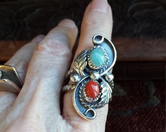Sterling silver native American turquoise and coral ring