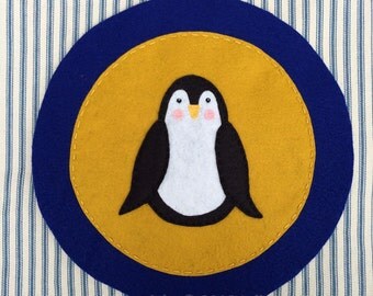 Theta Phi Alpha Sorority Pillow Cover--penguin gold/royal blue felt applique 18" square. Greek life decor