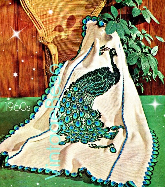 THE PEACOCK Afghan Crochet Pattern Instant Digital PDF 60s
