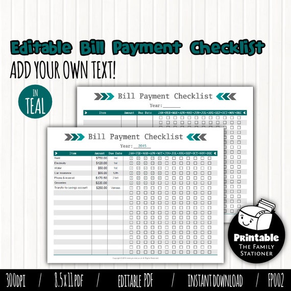 Editable Bill Payment Checklist Printable PDF Bill Planner