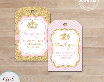 Pink and Gold Princess favor tags, Thank you Tags, Gift Favors, Chevron Party Decoration, Party Favors, Printable DIY, Instant download