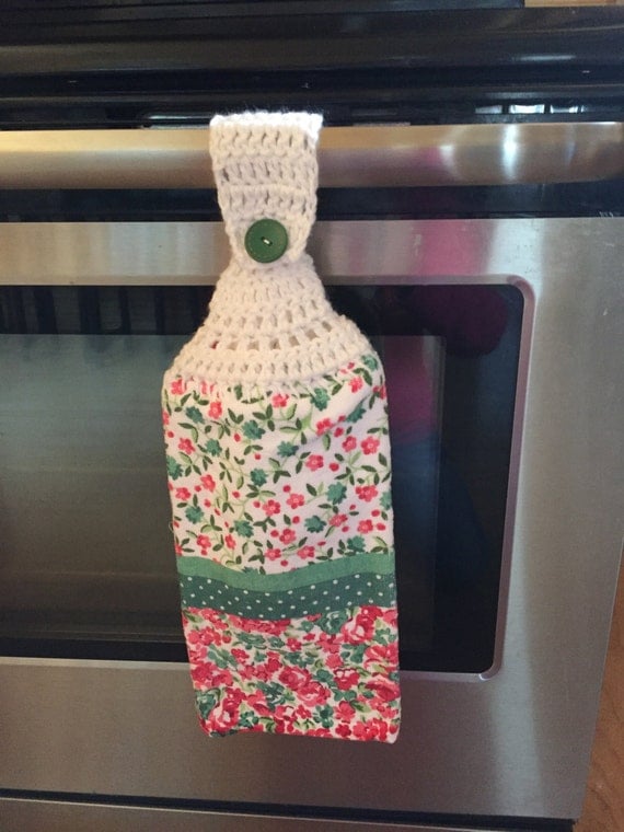 Items similar to oven door dish towel hanging crocheted top hand towel ...