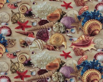 Landscape Medley - Ocean Sand and Sea Shells Fabric - Elizabeth's Studio Fabrics- 100% Cotton Fabric