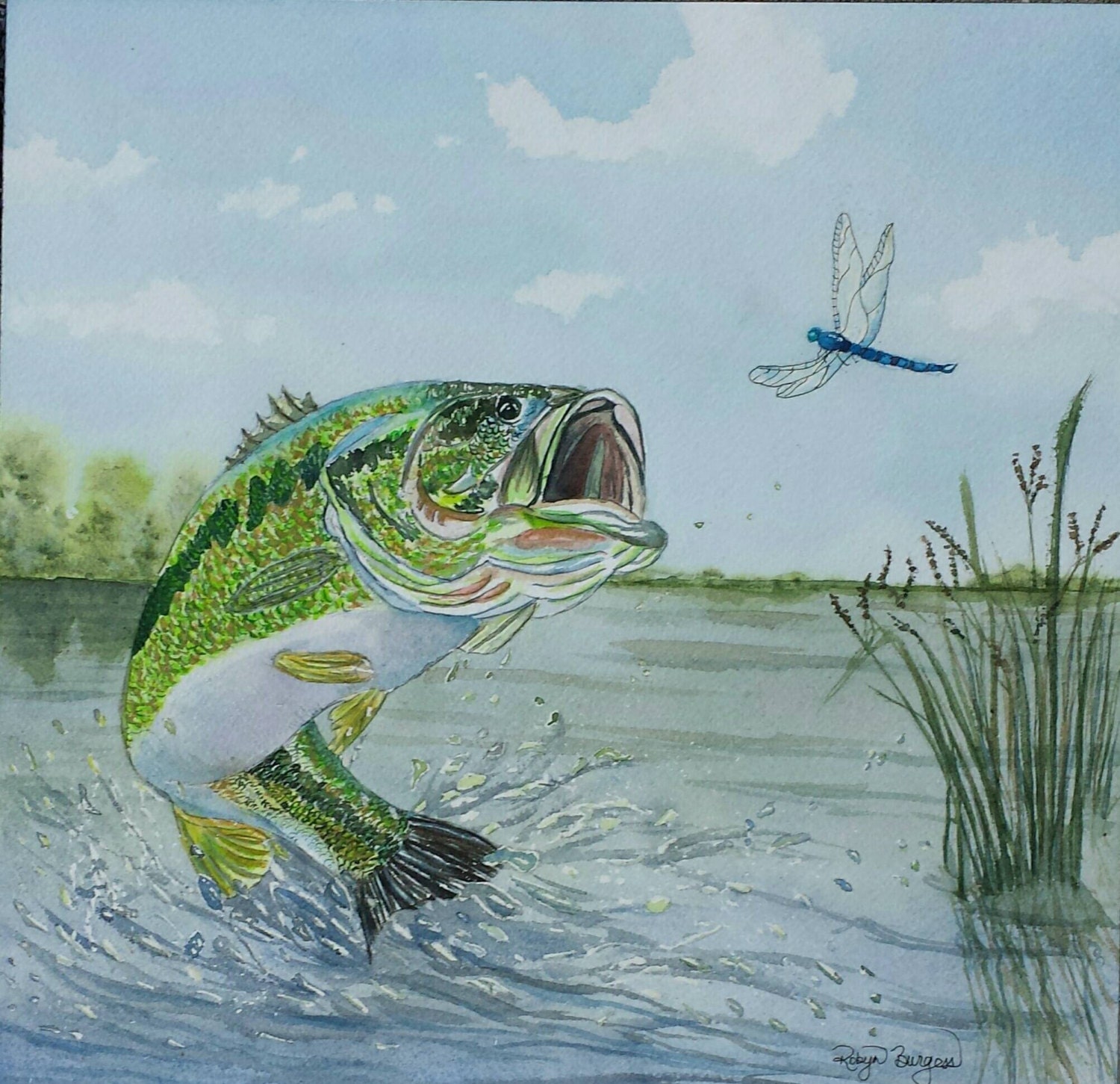 Largemouth Bass Jumping watercolor print