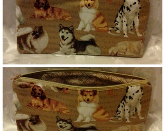 FREE shipping Dogs pencil case with brown zipper 100% Cotton