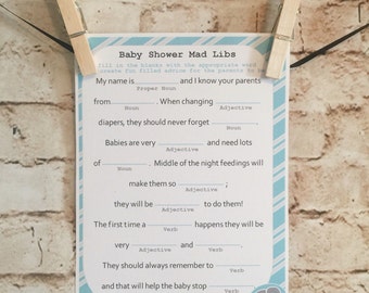 Customizable Baby Shower Mad Libs - instant download to print - Grey, Teal & White (can customize colors and/or stamp)