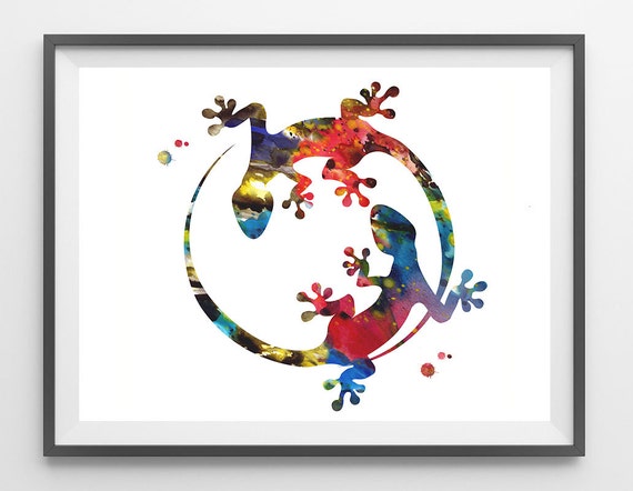 Geckos watercolor print Geckos poster yin yang Geckos