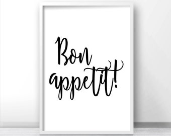 Bon Appetit Printable Wall Art, Kitchen Print, Instant Download Art, Black White Home Decor Print, Typography Kitchen Art, Dining Room Print