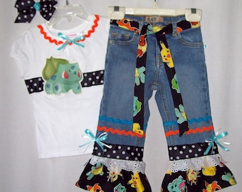 Custom boutique girls Pokemon jeans & ribbon shirt set all sizes 12 mo - 14/16