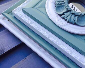 Green and White Collection of Open Shabby Chic Frames, Gallery Wall Frame Set, Custom Frame Set, Distressed Frames,