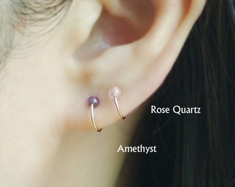 Cartilage Hoop Earring with Gem Stone, Tiny Cartilage Ring, boho, Helix,Tragus,Ear Lobe,Nose Ring,piercing,Price per One Item