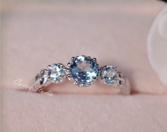 Antique Delicate Natural Aquamarine Ring Aquamarine Engagement Ring Wedding Ring Sterling Silver Ring Anniversary Ring Birthday Present/Gift