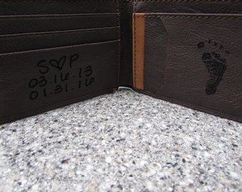Personalized Wallet, Your Handwriting Engraved, Footprint engraved, Gift to Dad, New Father Keepsake, Brown Leather wallet, Anniversary Gift