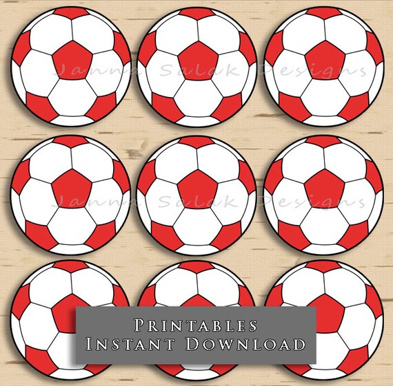 2 Soccer Ball Printable Cupcake Toppers Red and White