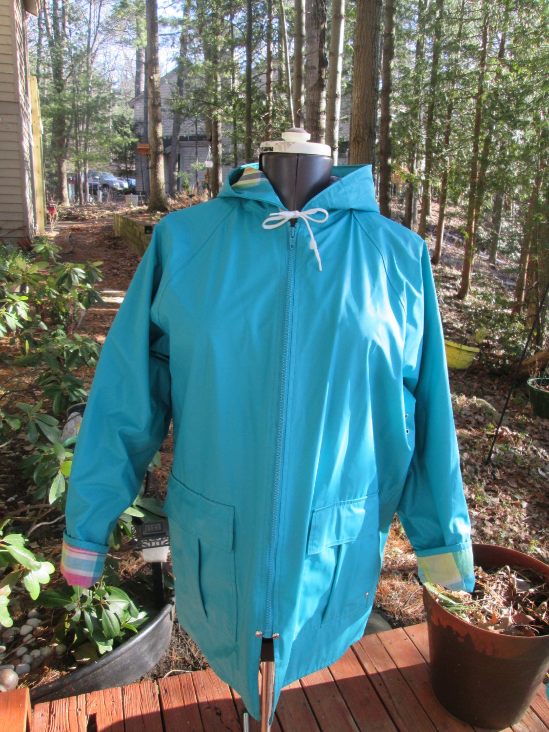 Vintage PVC vinyl turquoise hooded plaid lined rain slicker