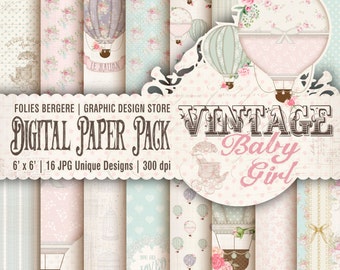 Baby Girl Digital Paper Pack, Vintage Baby Papers Shabby Baby Printable Backgrounds Cute Baby Air Balloons Shabby Chic Roses Twinkle Star