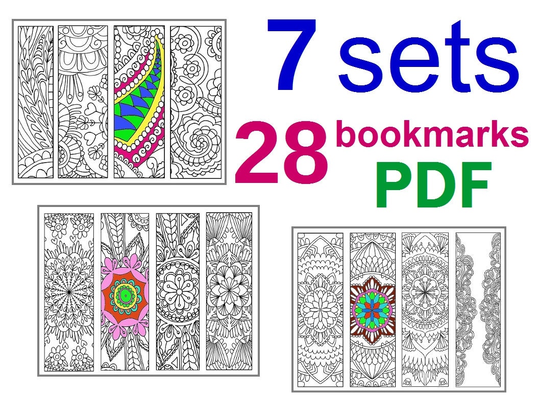 Download 7 sets Bookmarks Coloring Total 28 Bookmarks Printable PDF