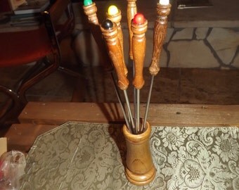 Vintage 6 Fondue Forks from International Polished Keyakiwood Holder Handles