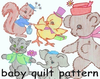 Baby Quilt Pattern Baby Animals Nursery Quilt Vintage Embroidered Quilt MAIL ORDER 7398 *PDF Download Crib Quilt Crib Cover Baby Shower Gift