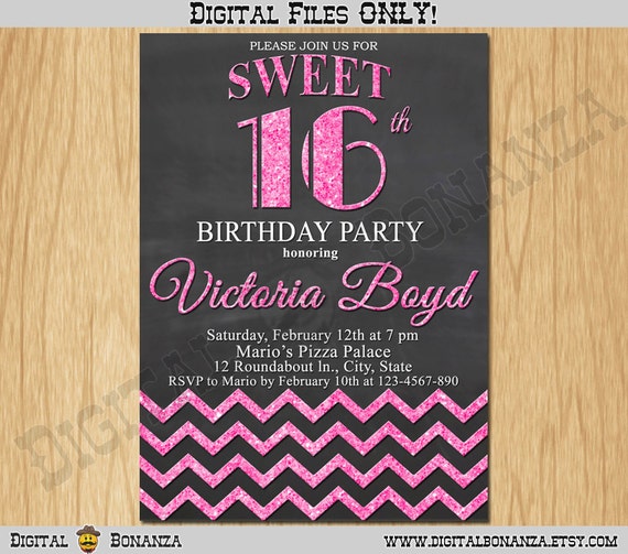 Sweet 16th Birthday Invitation Sixteen Black Pink Glitter