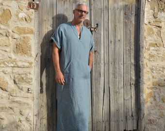 Men's relaxed texture pure linen caftan. Color Icy Blue.