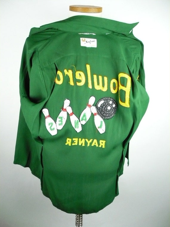 Vintage 1950s Bowling Shirt King Louie Green Rayon