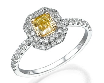 Emerald Cut Engagement Ring, 18K White Gold Ring, 0.71 TCW Double Halo Ring, Fancy Yellow Diamond Engagement Ring Size 5.75