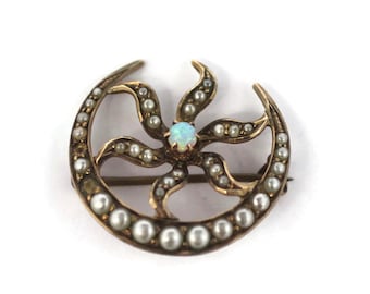 Antique Victorian seed pearl and Opal brooch - Ostby Barton - 10k - moon and star