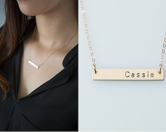 Hand Stamped Gold Bar Necklace, Personalized Gold Bar Necklace, Name Necklace, Gold Initial Necklace, Personalized Jewelry