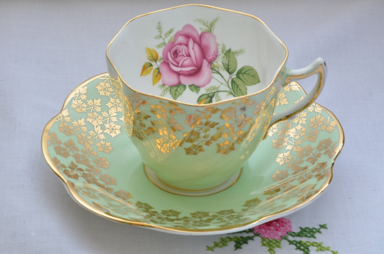 Clare bone china made in England tea cup and saucer/mint green