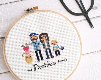 Custom 4 Character Cross Stitch Family Portrait | Housewarming Gift | Custom Portrait |Custom Cross Stitch | by Cloth and Twig