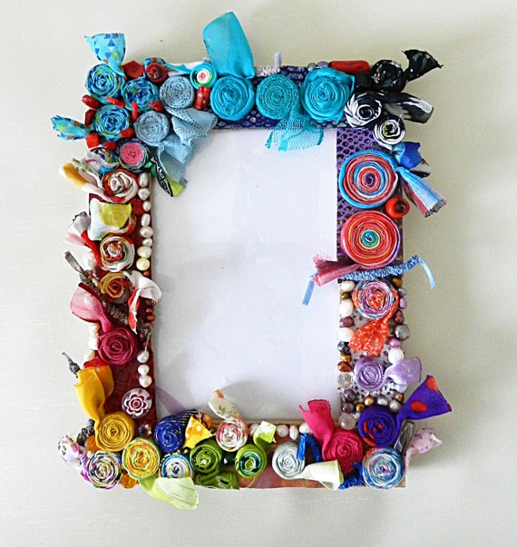 Items similar to Frame base covered with beads and fabric flowers Frame ...