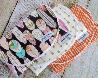 Baby Burp Cloths - Baby Girl Burp Cloths - Tribal Burp Cloths - Bohemian Burp Cloths - Coral Herringbone Burp Cloth - Gold Arrow Burp Cloth