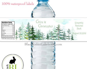 Personalized Water Bottle Labels - 100% Waterproof, Polyester Labels - Wedding Favors 2"x8.5" self-stick labels - Fir Trees Forest Natural